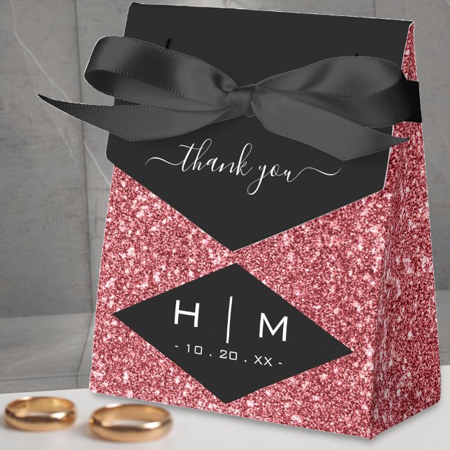 Caja Para Regalos Moda de Purpurina de oro negro y Rosa Gracias Boda (black & pink rose gold glitter monogram thank you favor box)