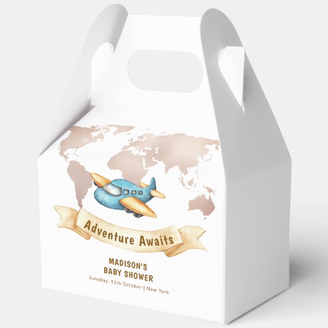 Caja Para Regalos Modern Adventure World Map Airplane Baby Shower  (Anverso)