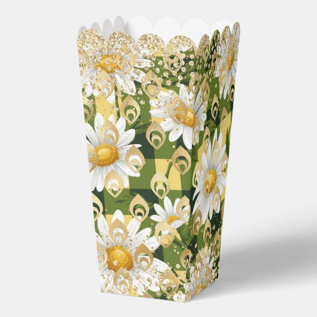 Caja Para Regalos Modern Daisy Floral Tablero de Ajedrez Dorado Bril (Anverso)