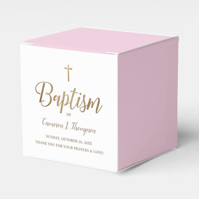 Caja Para Regalos Modern Pink & Gold Baptism with Cross Personalized (Costado Anverso)