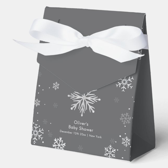 Caja Para Regalos Modern Silver Grey Magical Snowflake Baby Shower  (Anverso)
