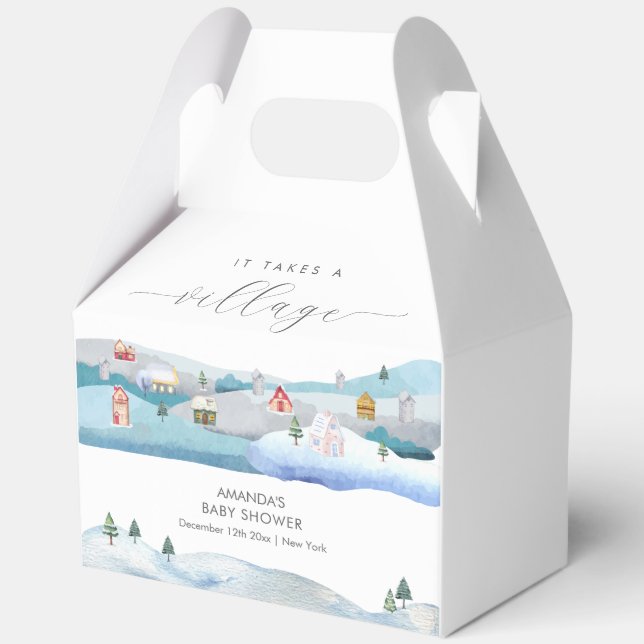 Caja Para Regalos Modern Winter Snow It Takes A Village Baby Shower  (Anverso)