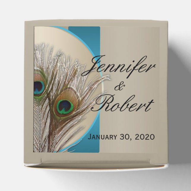 Caja Para Regalos Moderno Taupe Aqua Peacock Feather Wedding Favor B (Parte superior)