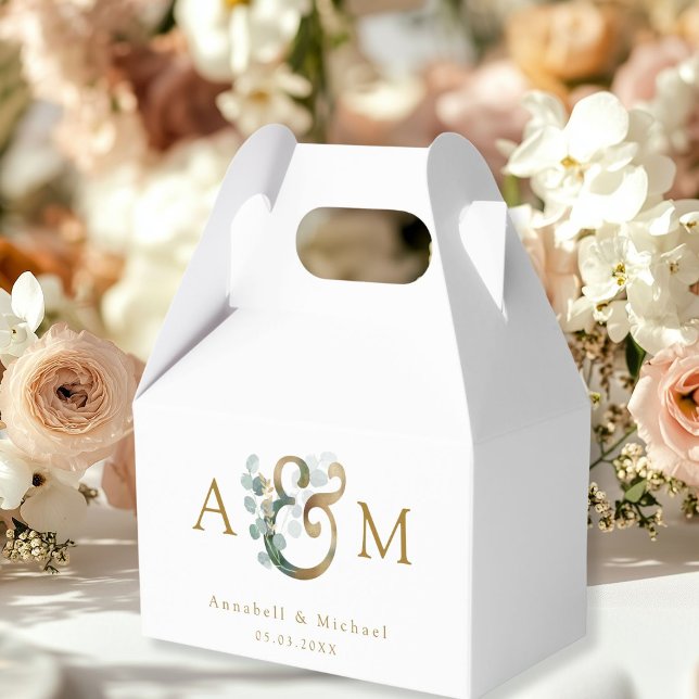 Caja Para Regalos Moderno y elegante Eucalyptus Ampersand Boda (Eucalyptus Wedding Favor Box, Monogram, Ampersand, Botanical, white, beige-gold, minimal, modern.)