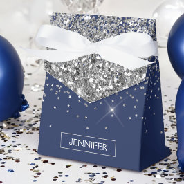 Caja Para Regalos Monograma Azul Marino Plata Glam Brillo