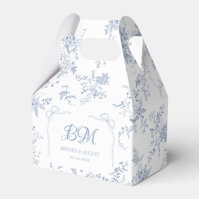 Caja Para Regalos Monograma de Boda Floral Antiguo Azul Francés (Front Side)