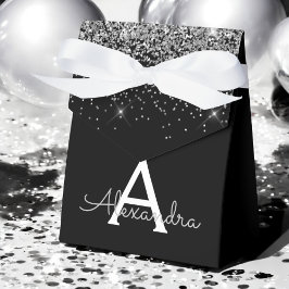 Caja Para Regalos Monograma de brillo y destellos plateados y negros
