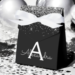 Caja Para Regalos Monograma de brillo y destellos plateados y negros