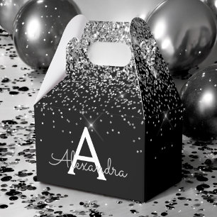 Caja Para Regalos Monograma de brillo y destellos plateados y negros