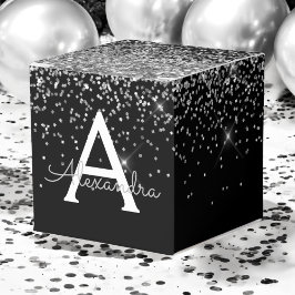 Caja Para Regalos Monograma de brillo y destellos plateados y negros