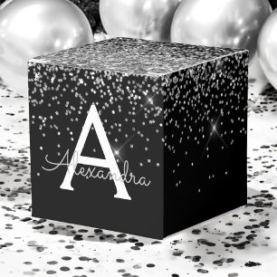 Caja Para Regalos Monograma de brillo y destellos plateados y negros