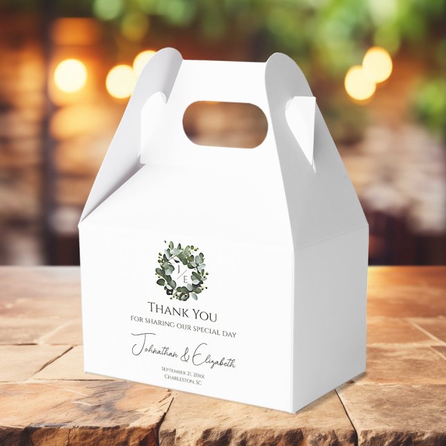 Caja Para Regalos Monograma moderno Eucalyptus Wreath Boda | Blanca (White Modern Monogram Eucalyptus Wreath Wedding Favor Box)