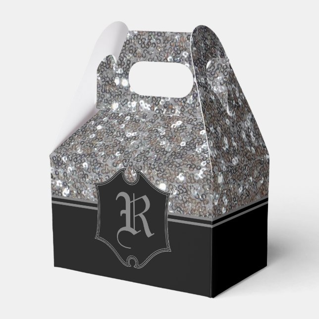 Caja Para Regalos Monogramo Silver Sparkle Faux Purpurina Gable (Front Side)