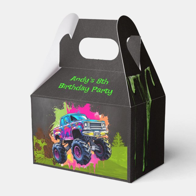 Caja Para Regalos Monster Truck Neon Boy Birthday Party (Front Side)