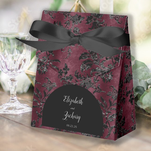 Caja Para Regalos Moody Burgundy Black Damask Arch Boda (Subido por el creador)