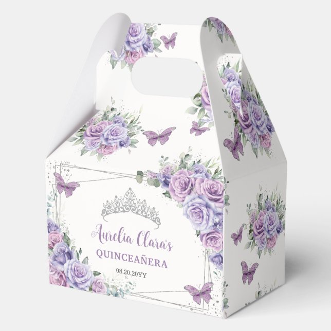 Caja Para Regalos Morado Lilac Floral Butterflies Plata Tiara Gable (Anverso)