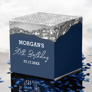 Caja Para Regalos Nacimiento Navy Blue Silver Purpurina Nombre Graci