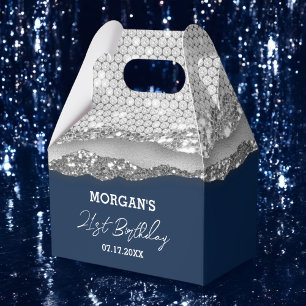 Caja Para Regalos Nacimiento Purpurina azul de la Marina Plata Graci