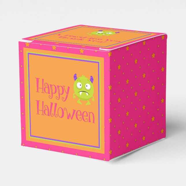 Caja Para Regalos Naranja de pequeños monstruos rosados Halloween (Costado Anverso)