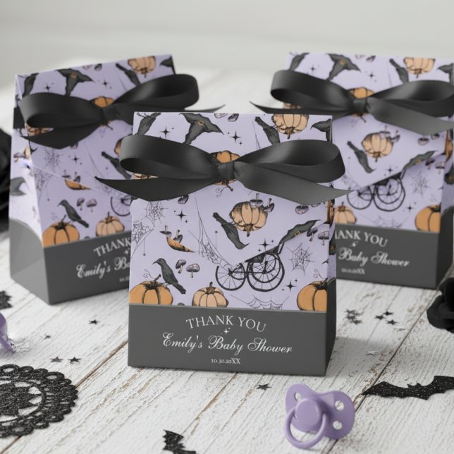 Caja Para Regalos Naranja gótica Baby Carriage Baby Shower Gracias (Gothic Halloween Baby Shower Favor Boxes. Purple Spooky Pattern-Carriage, Pumpkin, Raven, Witch Hat)
