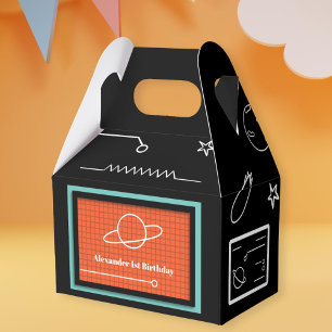 Caja Para Regalos Naranja Planetas del Espacio Negro Primer Cumpleañ