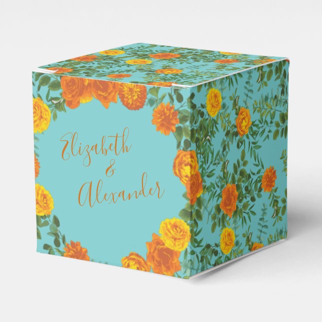 Caja Para Regalos Naranja Verde azulado Aqua Peony y Rosa Boda Flora (Costado Anverso)