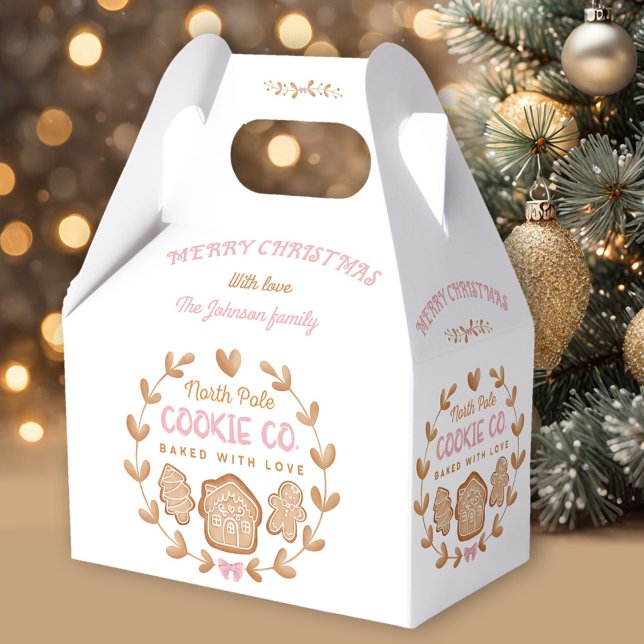 Caja Para Regalos Navidades rosados de Gingerbread Cookies Nombre de (Pink Gingerbread Christmas Cookies Exchange Name Favor Box)