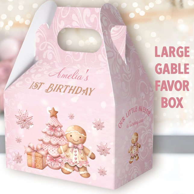 Caja Para Regalos Navidades rosados de pan de jengibre 1er cumpleaño (Gingerbread Birthday Large Gable Favor Boxes -You can choose from 3 sizes of these gable favor boxes)