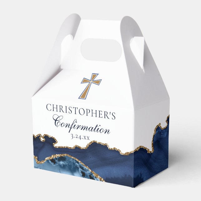 Caja Para Regalos Navy Blue Gold Christian Cross Confirmation Party (Front Side)