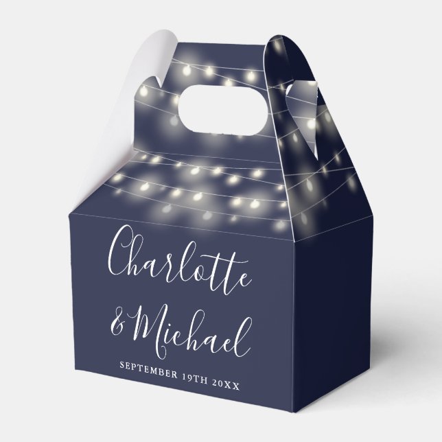 Caja Para Regalos Navy Blue String Lights Signature Script Boda (Front Side)