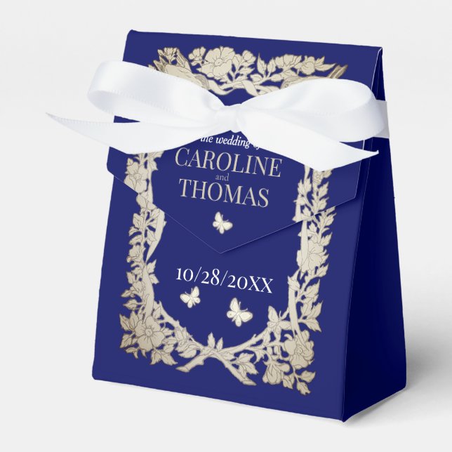 Caja Para Regalos Navy Blue Tan Floral Foliage Ornate Boda (Front Side)