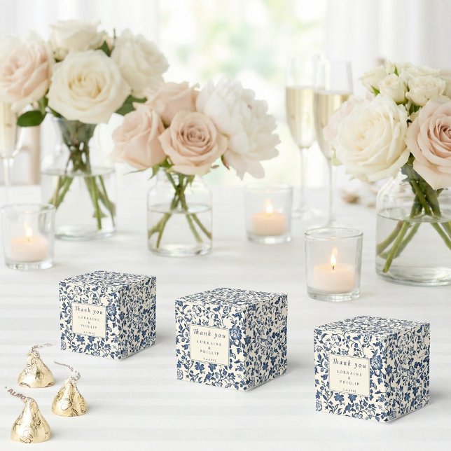 Caja Para Regalos Navy Chinoiserie Floral Wedding Thank You (Navy Chinoiserie Floral Wedding Thank You Favor Boxes)