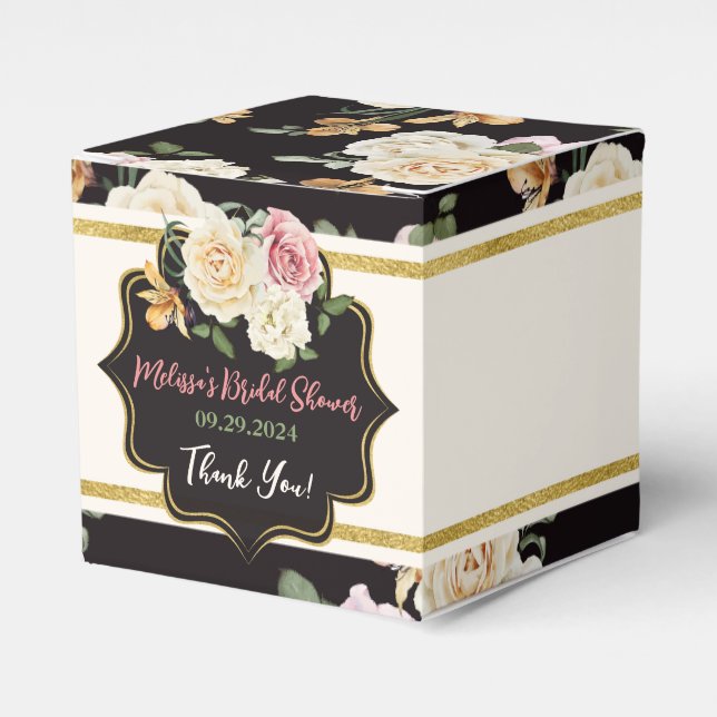 Caja Para Regalos Negro, marfil, Bouquet floral de oro (Costado Anverso)