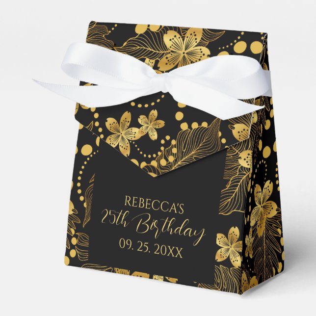 Caja Para Regalos Negro y oro Patrón de flores y hojas tropicales (Front Side)