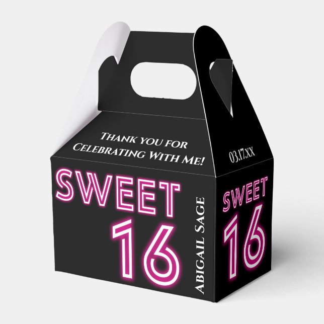 Caja Para Regalos Neon Sweet Personalizado Dieciséis Hot Pink, Black (Front Side)