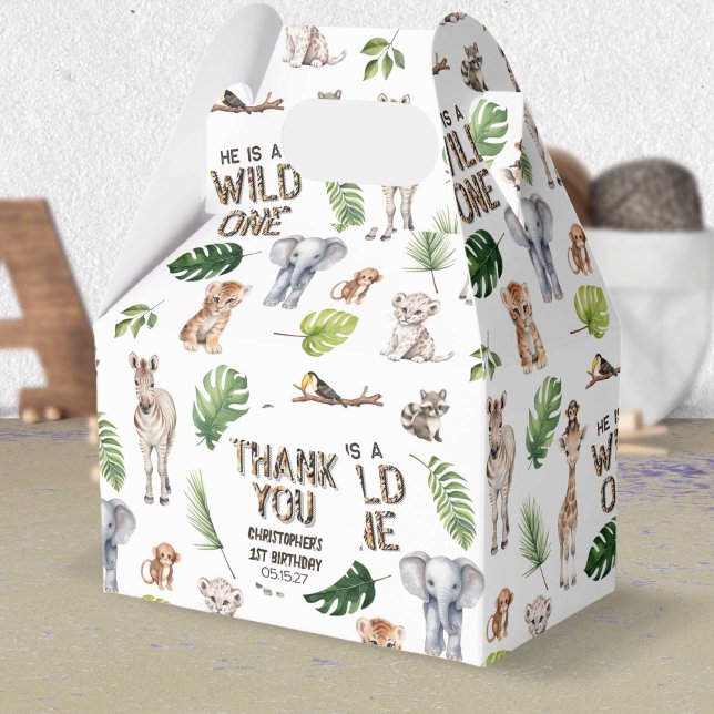 Caja Para Regalos Niño 1 cumpleaños Día de cumpleaños Wild One Jungl (Wild One, Boy 1st birthday, Jungle Animals Themed Birthday favor box.)