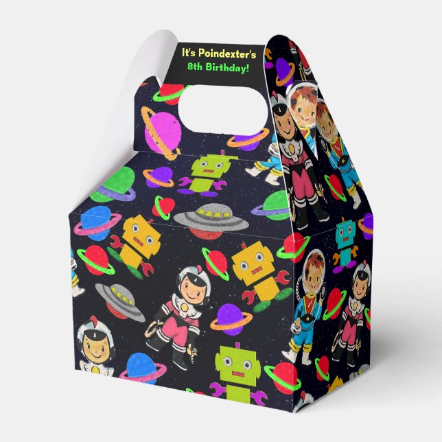Caja Para Regalos Niños retro astronautas y robots personalizados (Front Side)