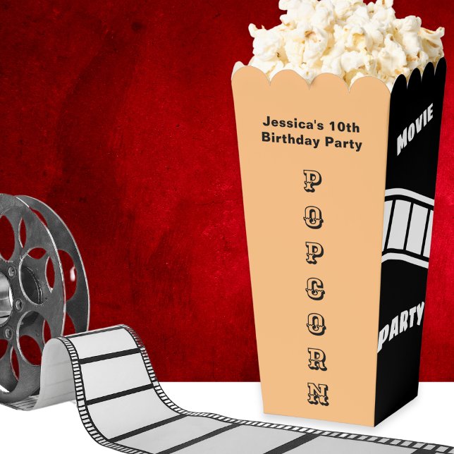 Caja Para Regalos Noche de cine de la fiesta de cumpleaños del perso (A custom box for popcorn, with 'Movie Party' and film frames on two sides, 'Popcorn' on the other)