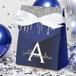 Caja Para Regalos Nombre de monograma de brillo de lentejuelas azul 
