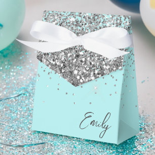 Caja Para Regalos Nombre de monograma femenino con brillo azul acuát