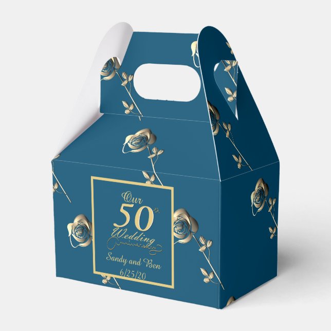 Caja Para Regalos "Nuestro 50 aniversario Boda" Rosa de oro azul y p (Front Side)