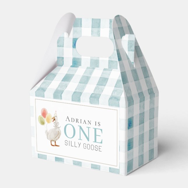 Caja Para Regalos One Silly Goose Blue Gingham Primer Cumpleaños (Front Side)