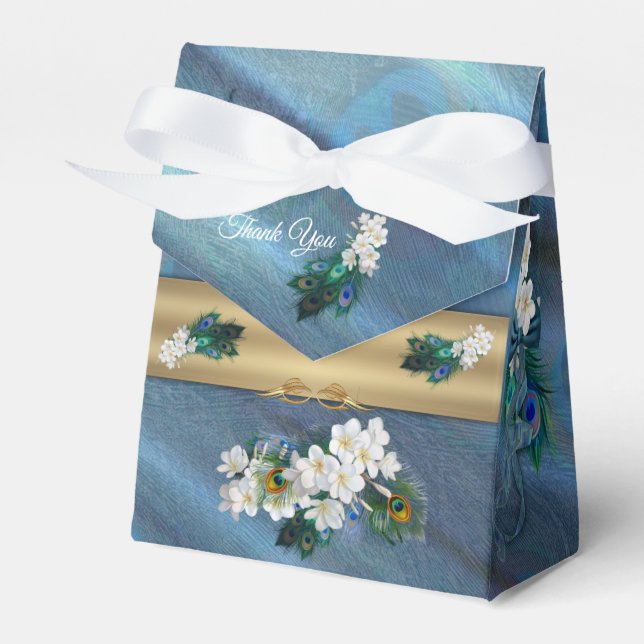 Caja Para Regalos Oro, plumas de pavo real sobre seda verde esmerald (Front Side)