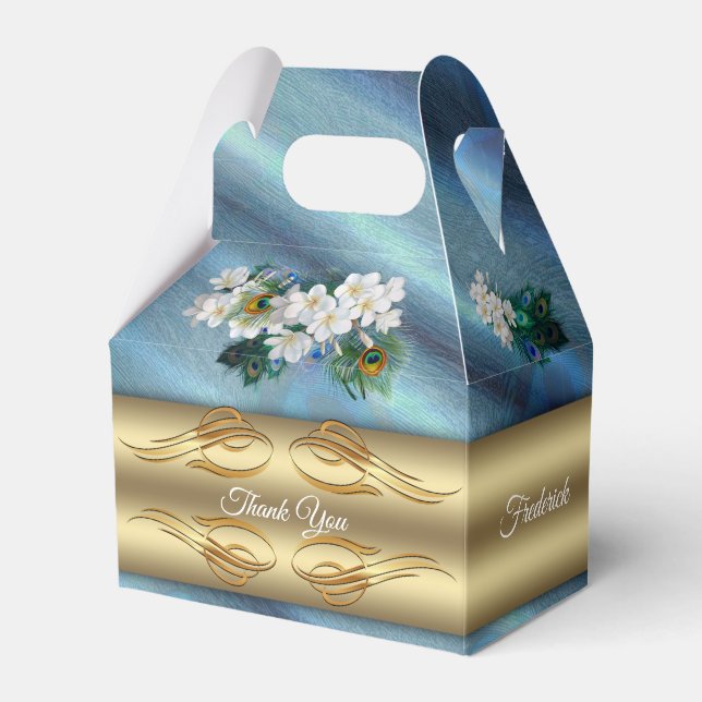 Caja Para Regalos Oro, plumas de pavo real sobre seda verde esmerald (Front Side)