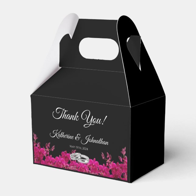 Caja Para Regalos Orquídeas de Fuchsia en Boda negro Gracias- (Front Side)