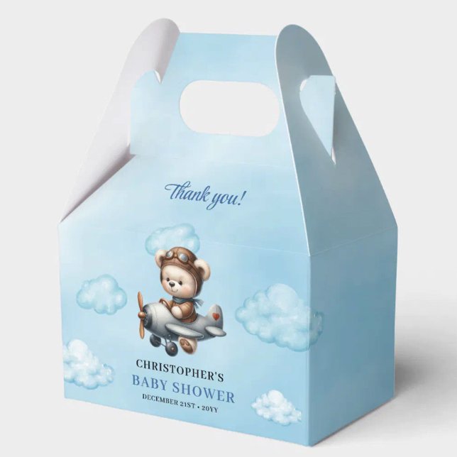 Caja Para Regalos Oso de peluche aviador azul marrón niño ducha  (Unique Teddy Bear Aviator Blue Brown Boy Shower Favor Box

)