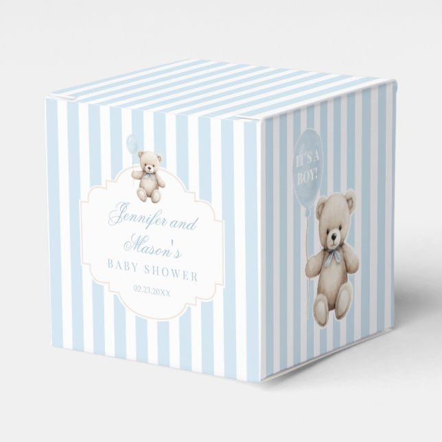 Caja Para Regalos Oso de peluche azul con globo de bebé ducha (Costado Anverso)