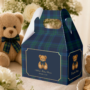 Caja Para Regalos Oso de Peluche Baby Shower Cuadros Azules y Verdes