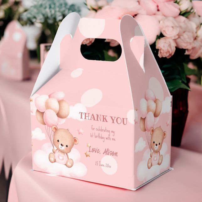 Caja Para Regalos Oso de peluche rosa con globos sobre nubes persona (Pink teddy bear with balloons on clouds girls birthday party favors personalized favor box)