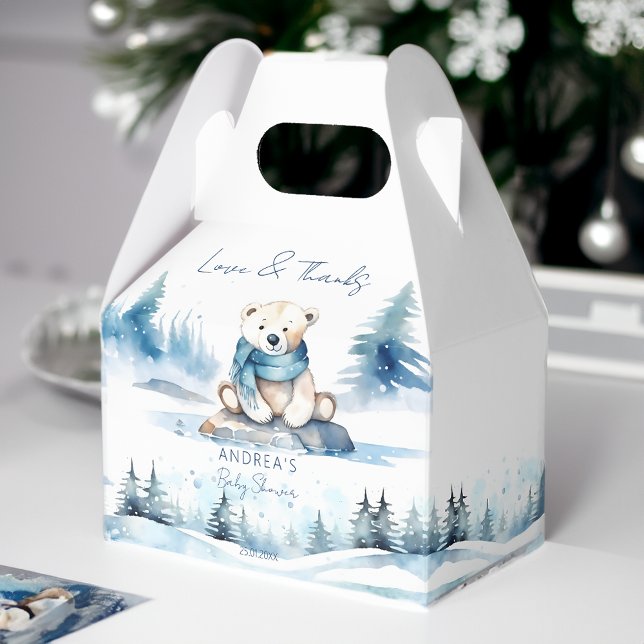 Caja Para Regalos Oso polar de invierno espera la ducha de bebé (Polar bear winter bearly wait baby shower favor box cute teddy bear with a scarf blue pines baby boy)